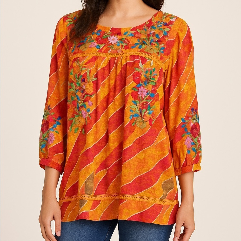 ANU Embroidered Floral Boho Tunic Blouse NWT S/M Multicolor Rayon 3/4 Sleeve